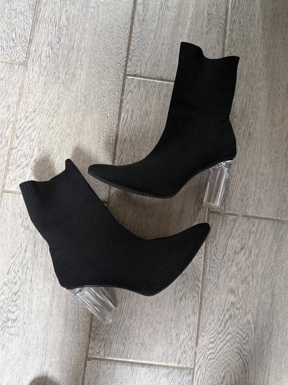 Women's Black Sock Booties with Clear Block Heel size 7